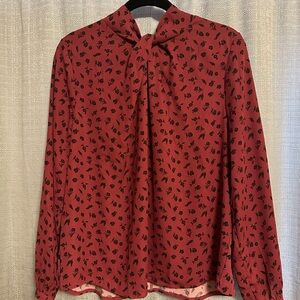 Ann Taylor Red Blouse with Black Floral Design